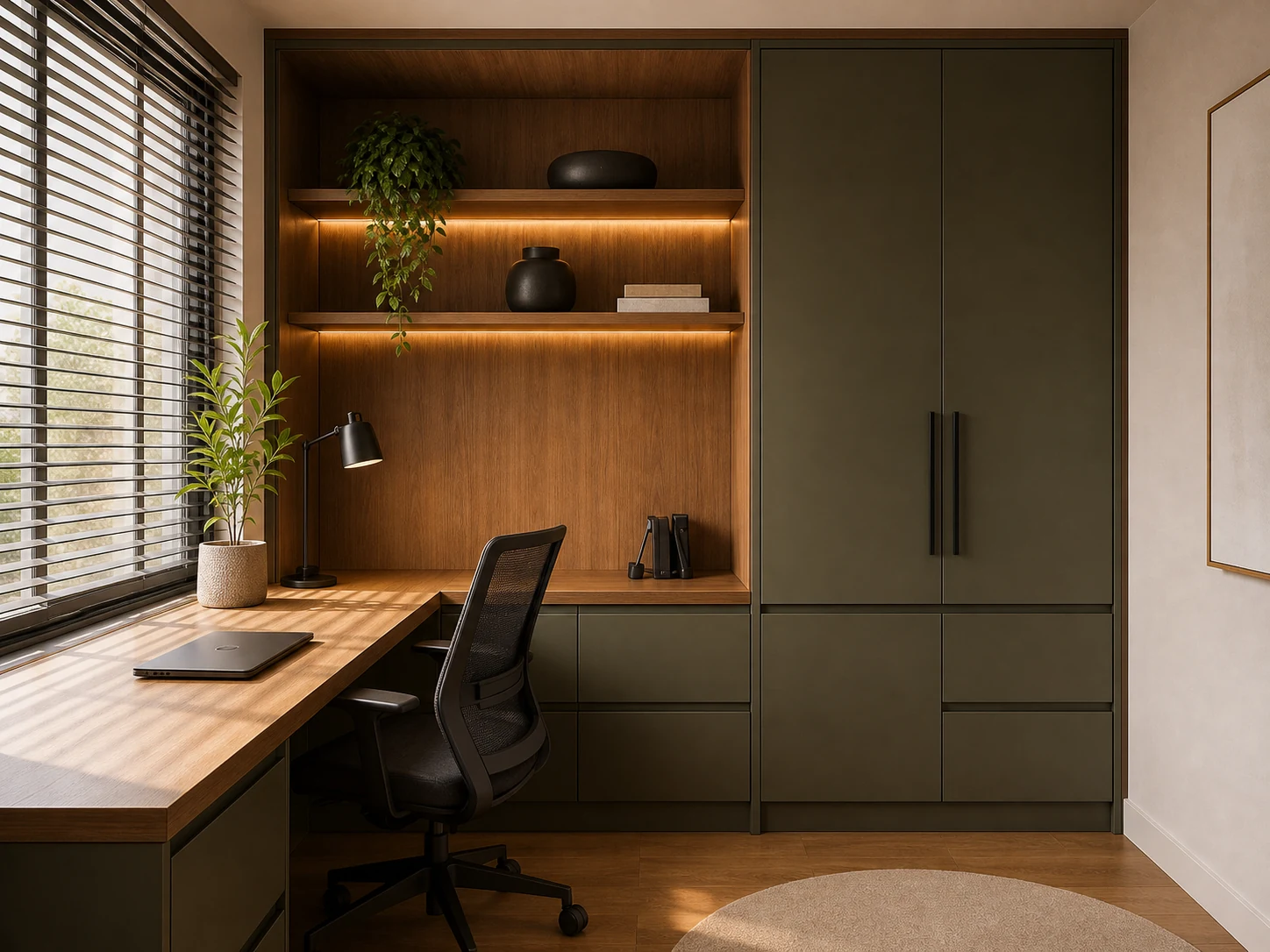 Composição ilustrativa de home office planejado em madeira e verde oliva