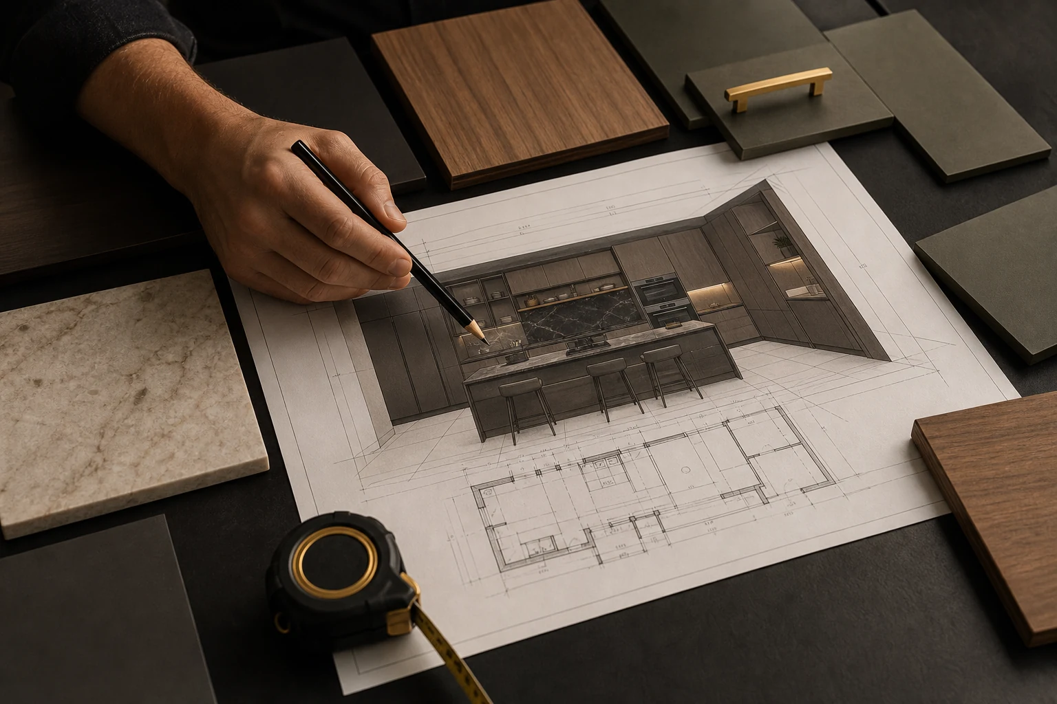 Mão analisando um projeto de cozinha em 3D ao lado de amostras de materiais