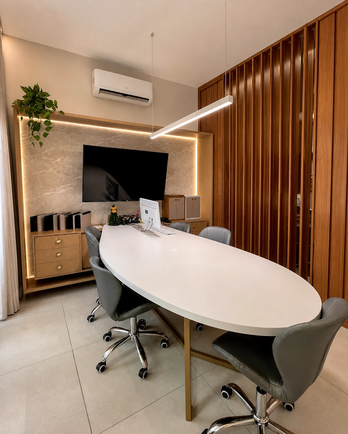 Sala de reunião com painéis ripados e marcenaria sob medida no showroom Edulay